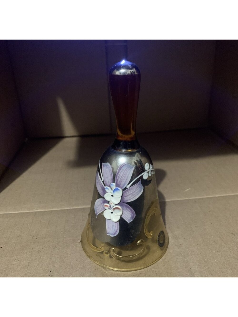 Vintage Murano Bell Art Glass Amber 24kt Gold Stem Handpainted Daisy Flowers